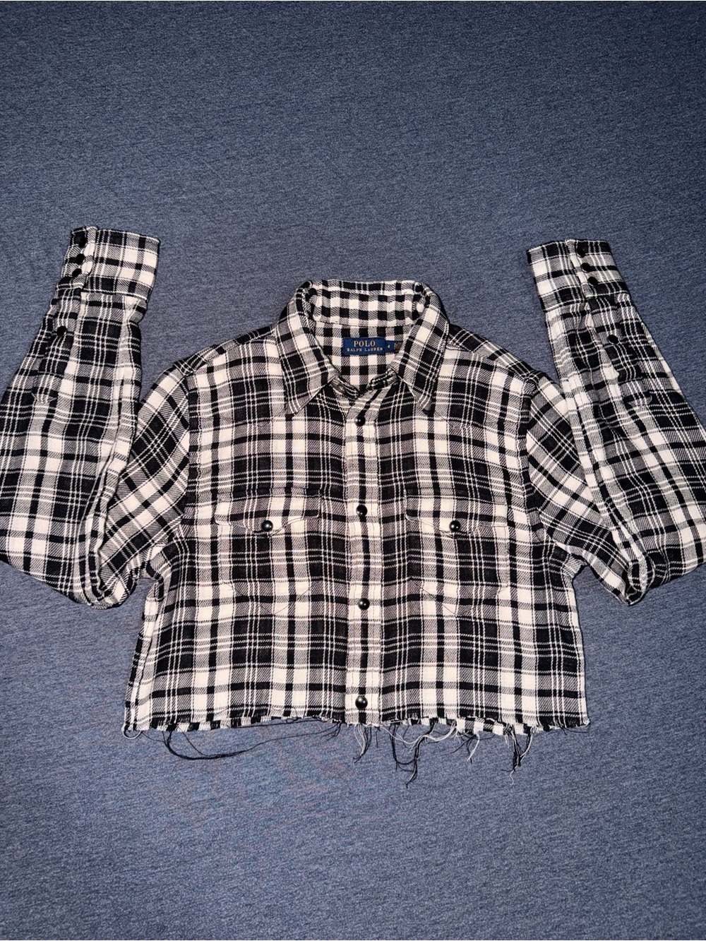 Polo Ralph Lauren Cropped Plaid Flannel Shirt Raw Hem Black White. Size 4